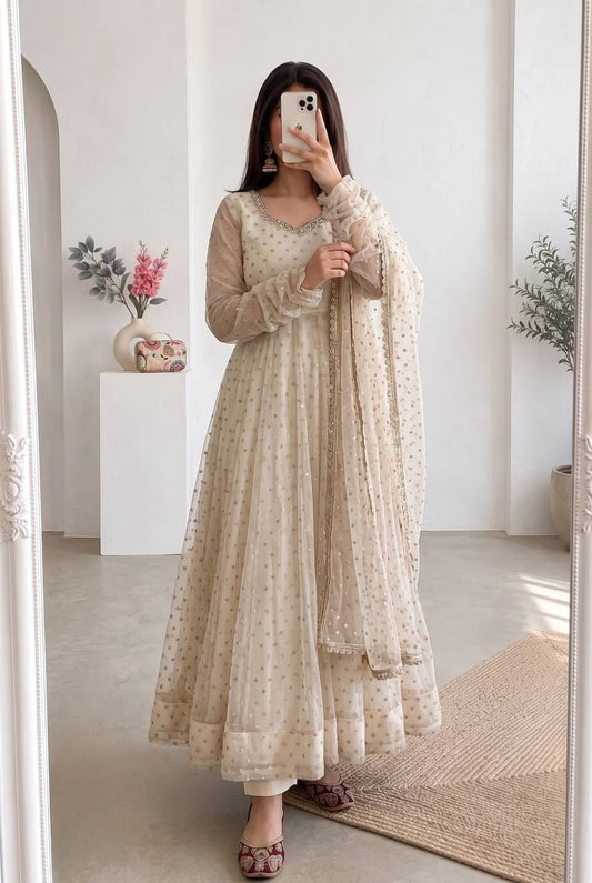 Beige Colour Designer Anarkali Gown Pant with Dupatta