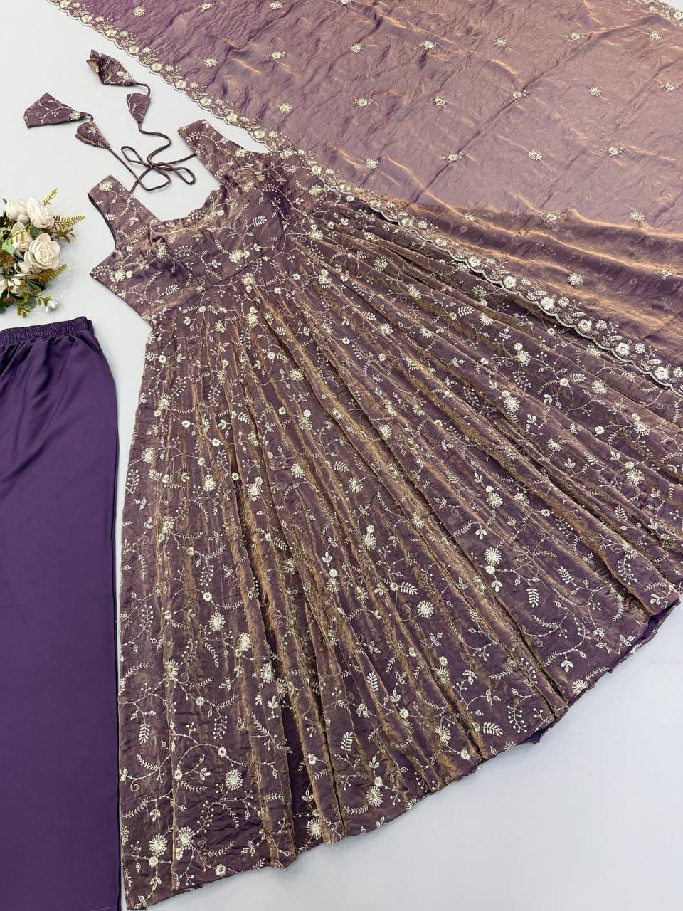 Purple color Fendy Silk Designer Anarkali Gown Pant with Dupatta
