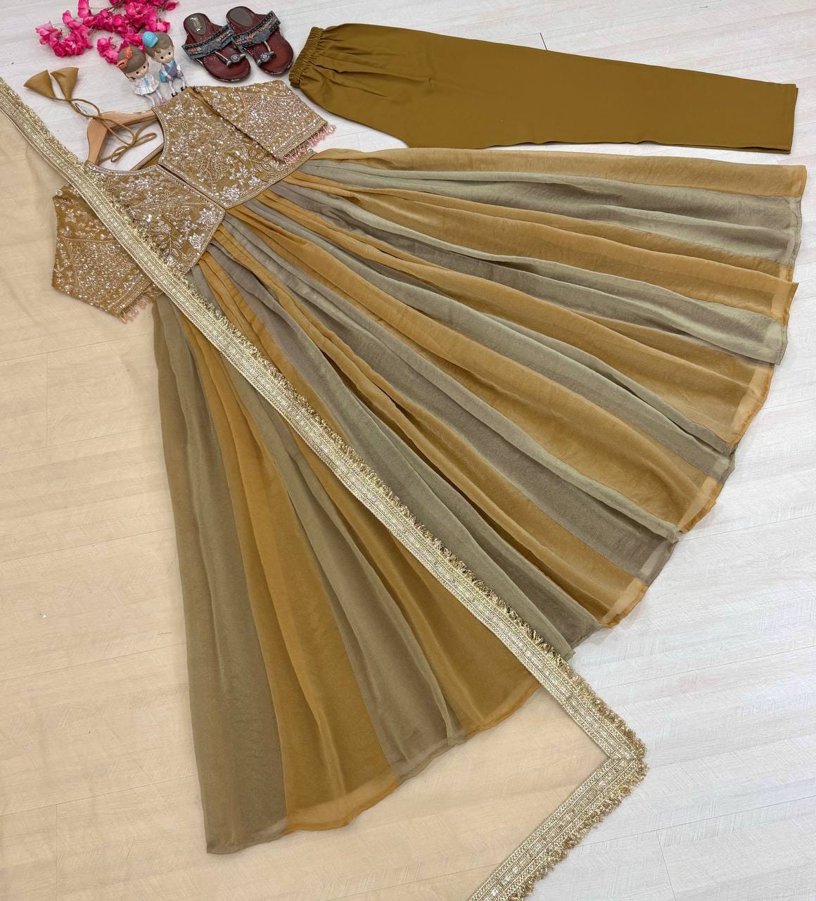 Party Wear Look Pur Nc Moss Gown,Dupatta & Bottom Set