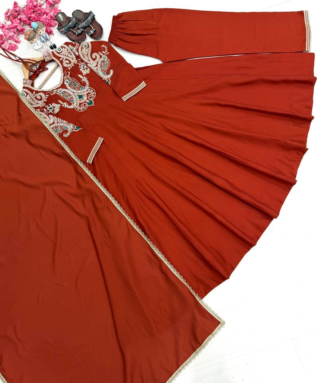Party Wear & Festiv Look Pur Roman Silk Anarkali Gown,Dupatta & Plazzo Set