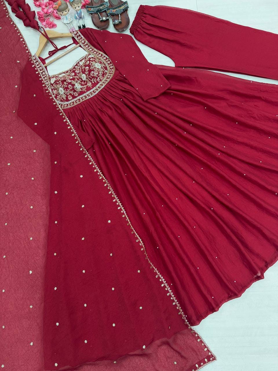 Party Wear Look Pur Rangoli Crush Gown,Dupatta & Bottom Set
