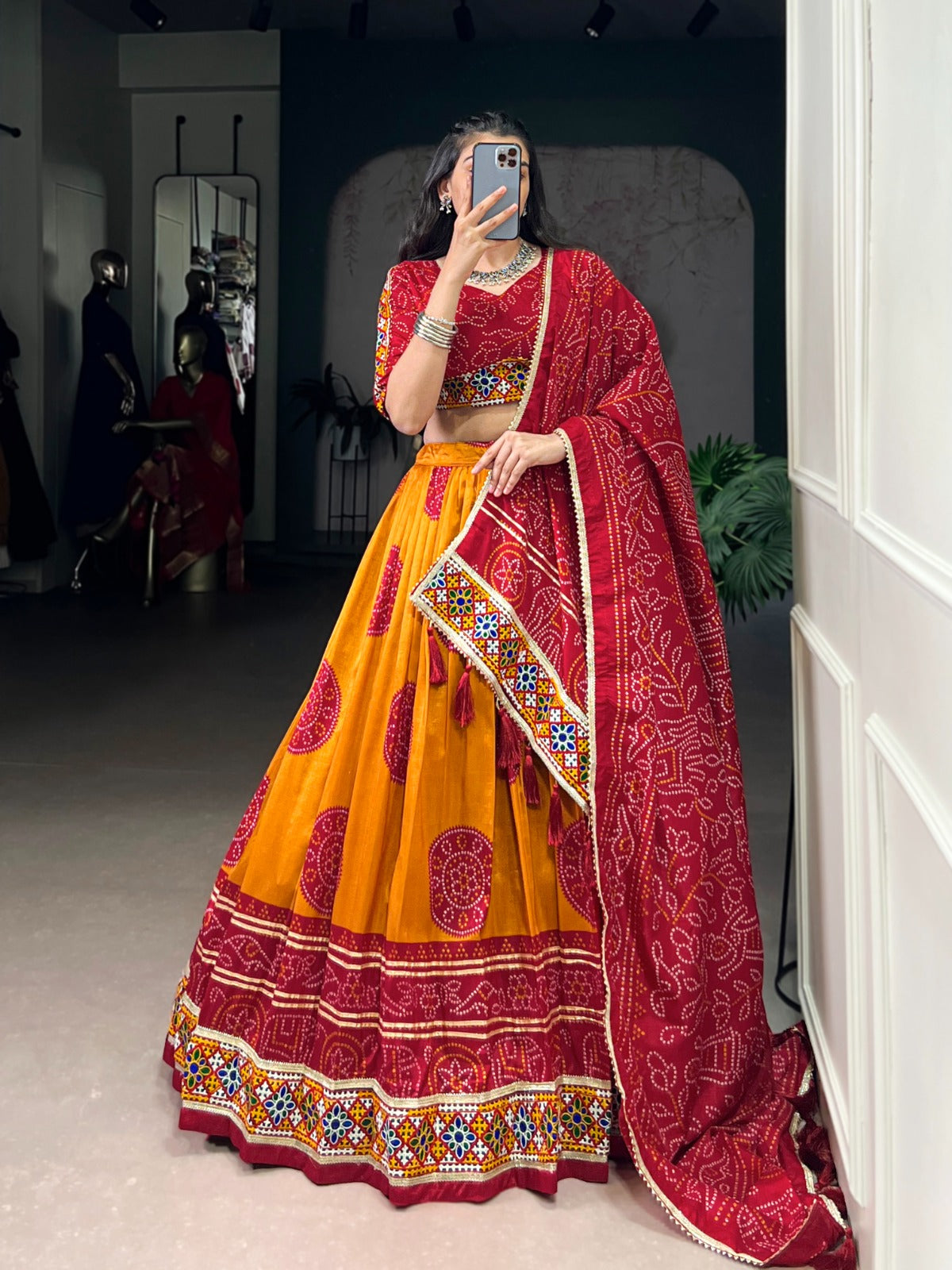 Tasar silk Bandhej chaniya choli
