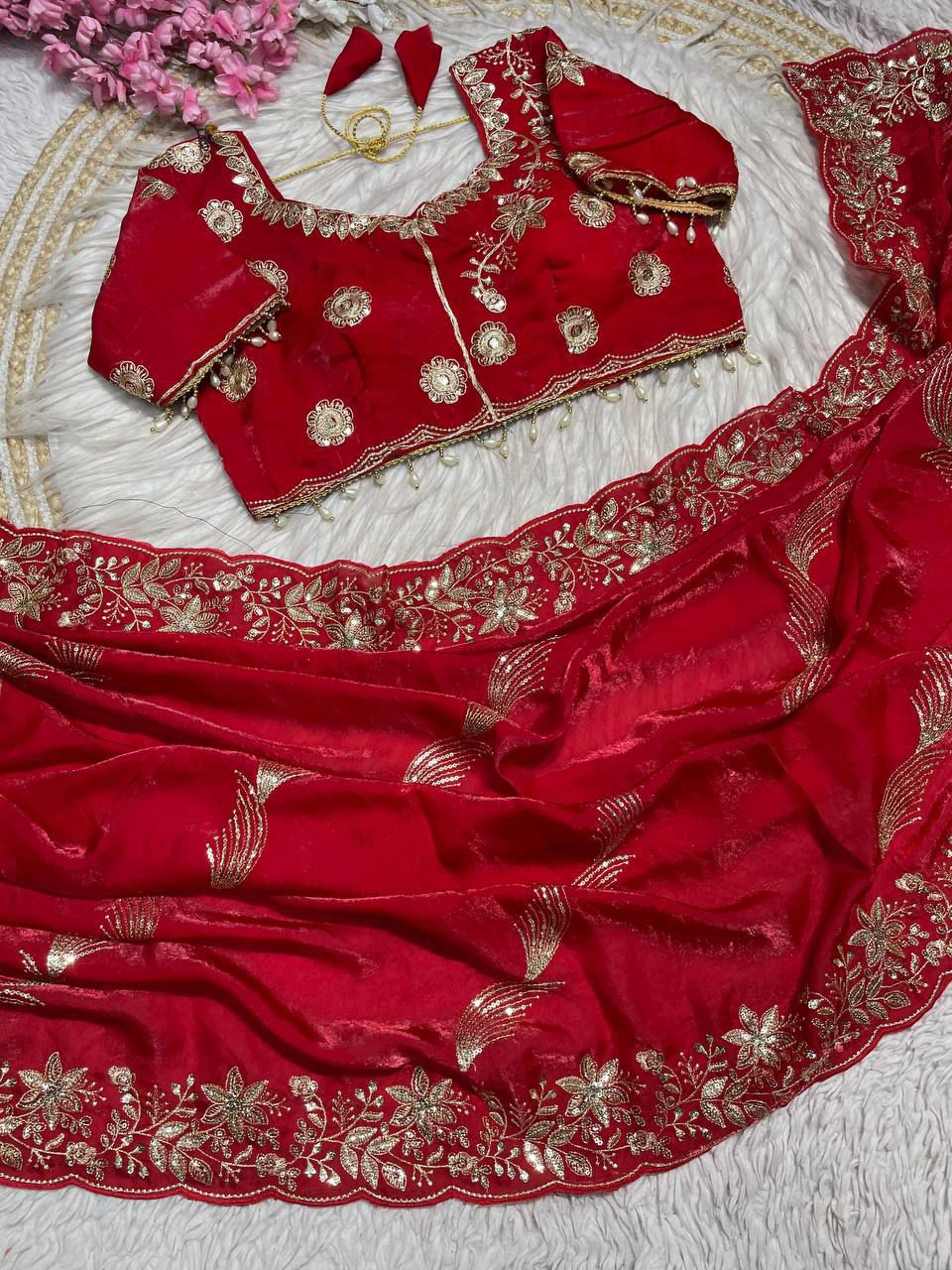 Fendy Sattin Embroidery work with Sequence Butti Saree With Readymade Blouse