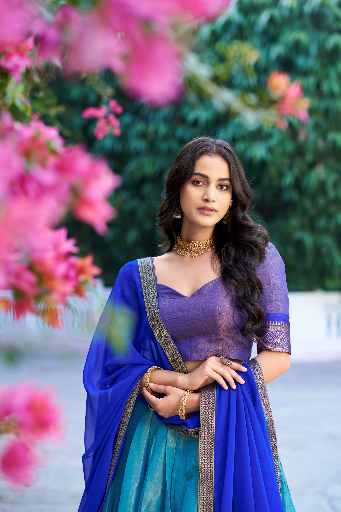 Sky Blue and Royal Blue Kanchipuram Lehenga