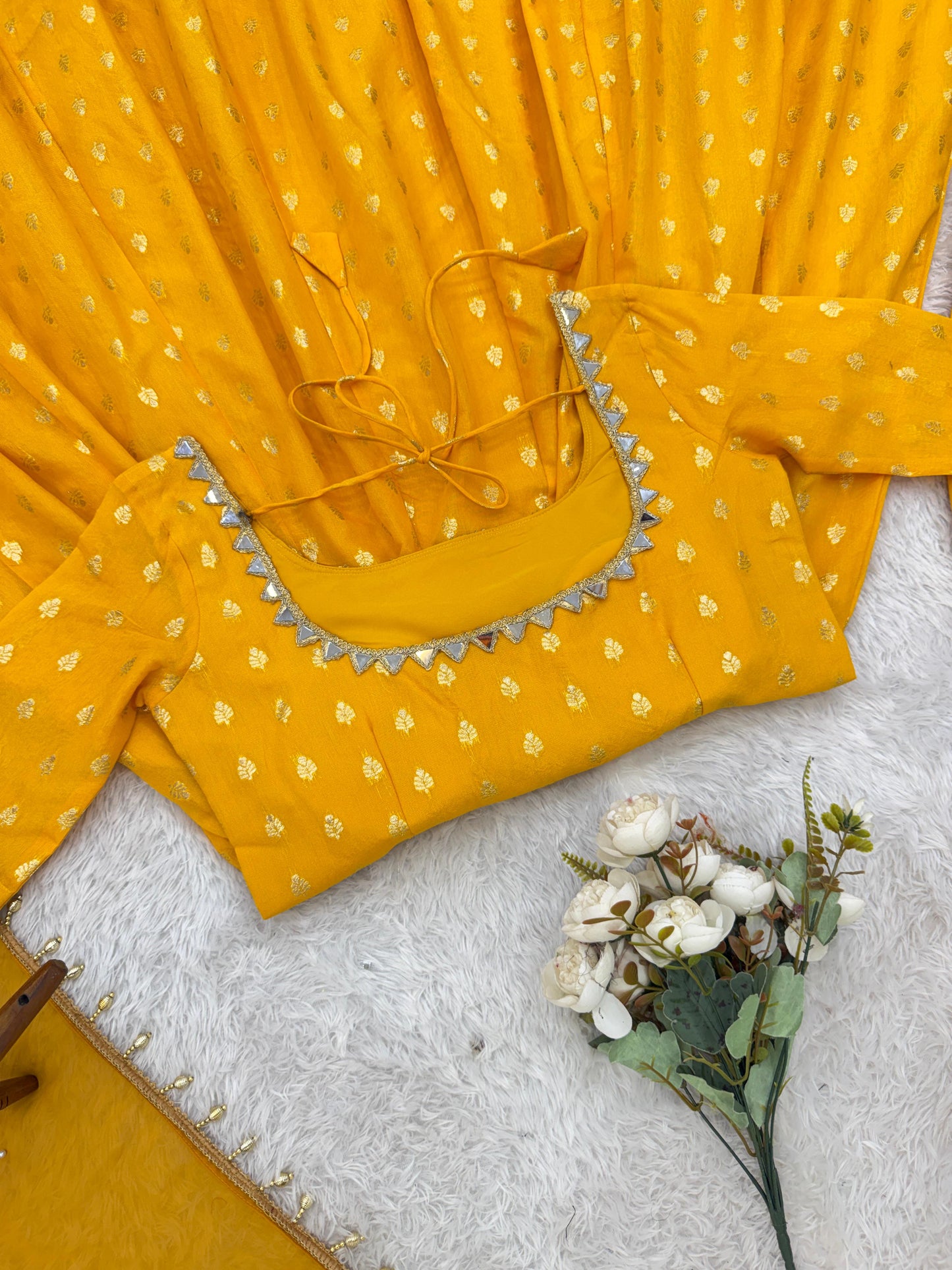 Yellow Color Chanderi Jacquard Butti with Mirror Work Anarkali Gown Pant and Dupatta