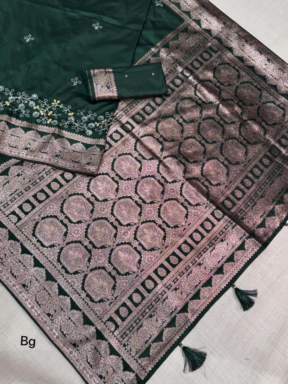 Bottle Green Color Banarasi Silk Border Embroidered work Saree With Unstitched Blouse
