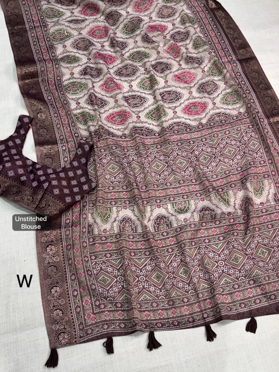 Wine color Ajrakh Print Saree with Unstitched Blouse