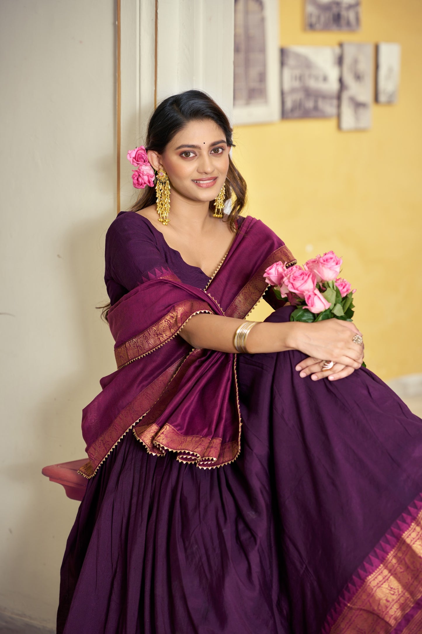 Wine Poly Cotton Zari weaving Border Lehenga Choli with Dupatta