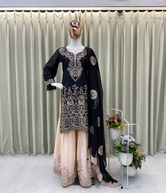 DESIGNER WEAR KURTA SARARA PAIR WITH DUPATTA IN SEQUENCE EMBROIDERY WORK