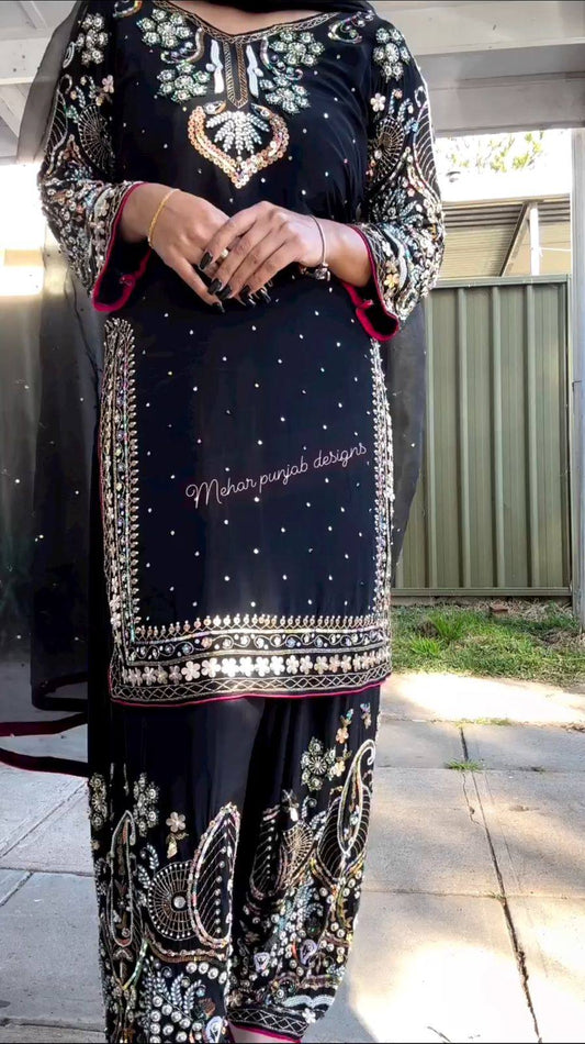 FOR THIS WINTER SEASON WEAR VELVET CORDING SEQUENCE EMBROIDERY WORK SUIT WITH DUPATTA