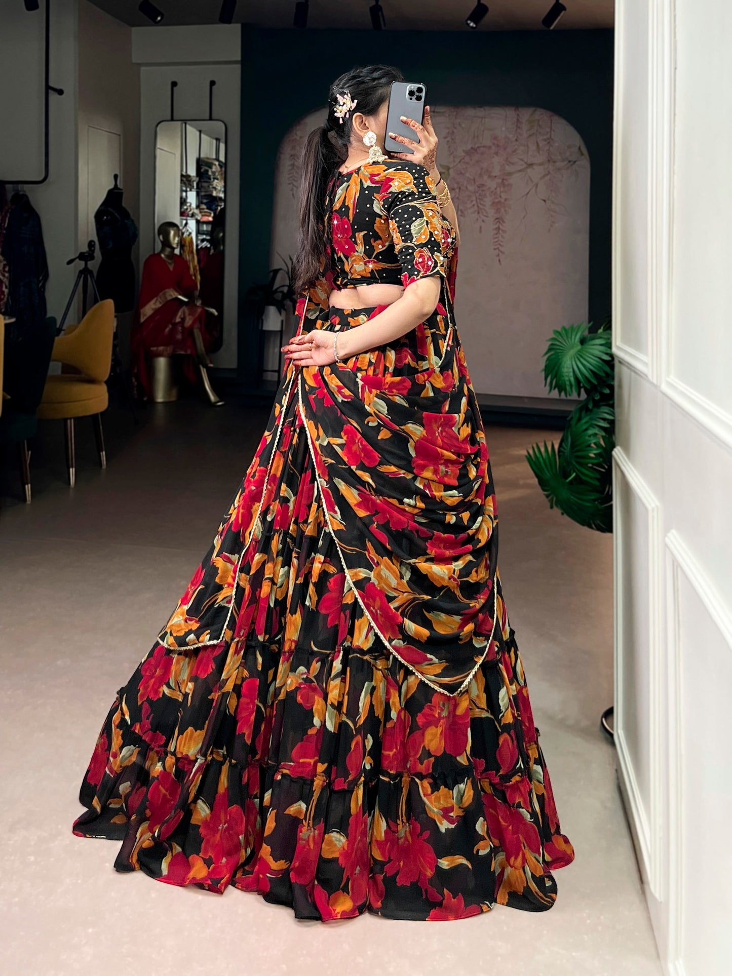 Black Colour Party Wear Floral Printed Lehenga Choli