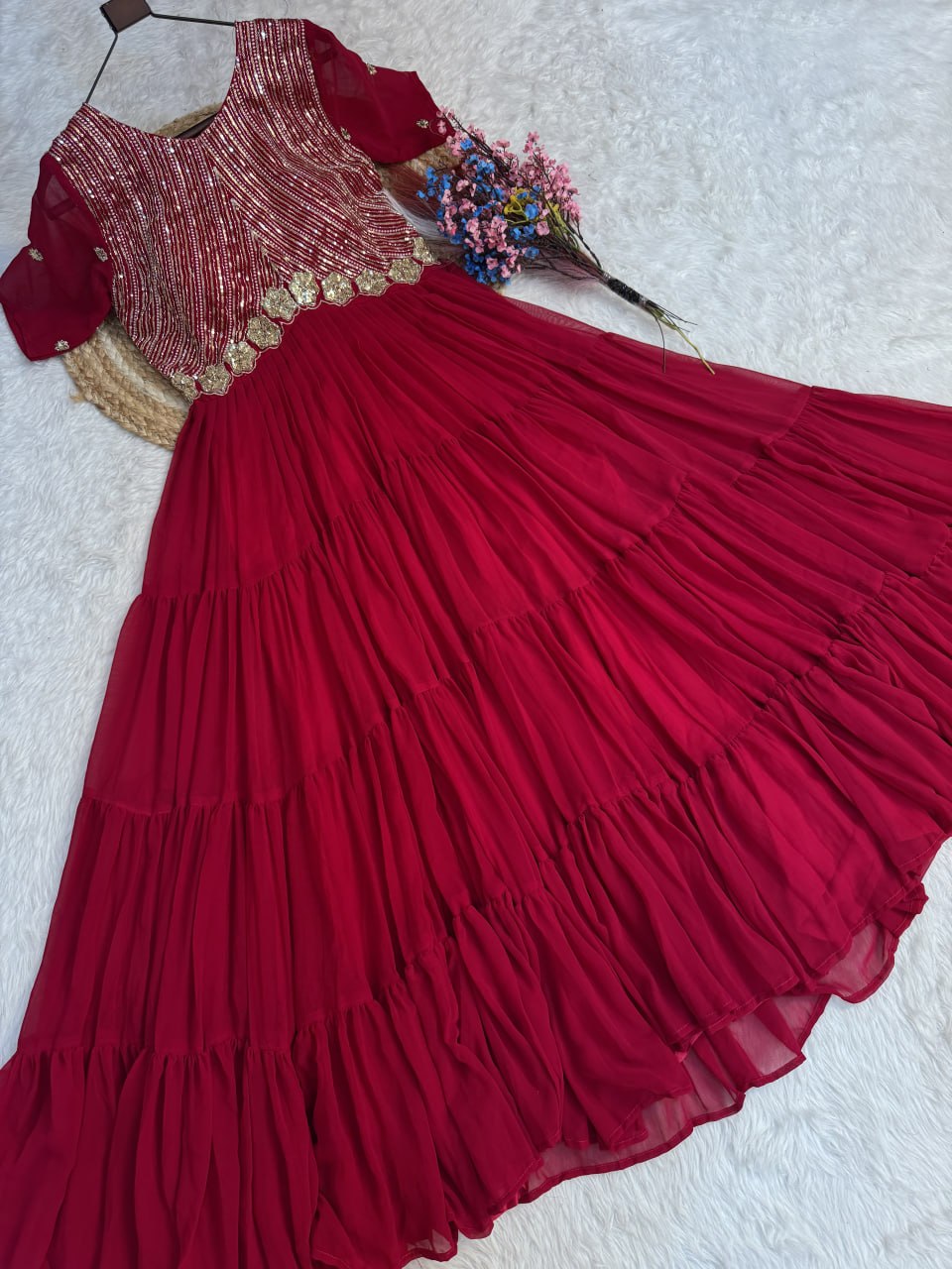 Pink Colour Faux Blooming Embroidery Zari Sequins-work Gown