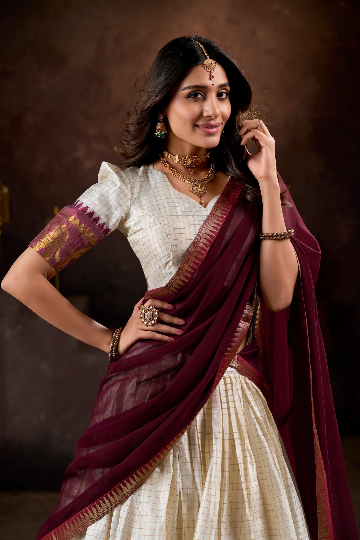White Color Zari Weaving South Indian Lehenga Choli