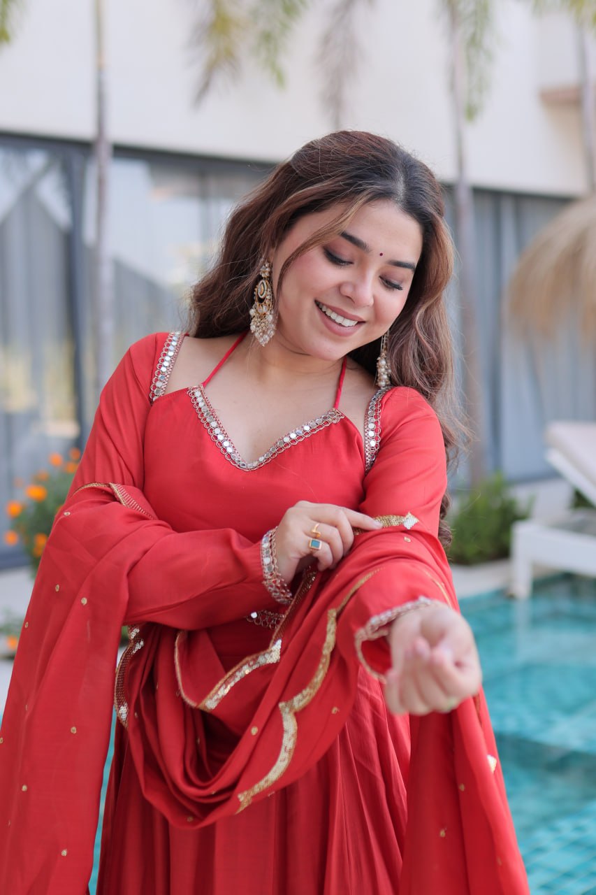 Red Colour Designer Anarkali Kurti Pant With Dupatta