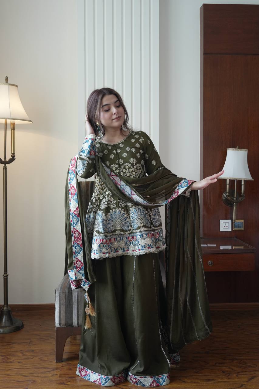 Olive Green Embroidered Sharara set with Scallop Border Dupatta