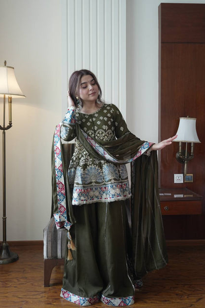 Olive Green Embroidered Sharara set with Scallop Border Dupatta