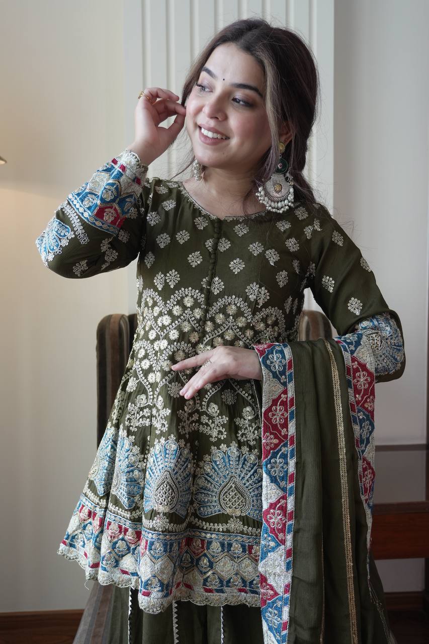 Olive Green Embroidered Sharara set with Scallop Border Dupatta