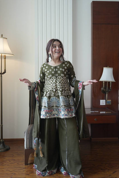 Olive Green Embroidered Sharara set with Scallop Border Dupatta
