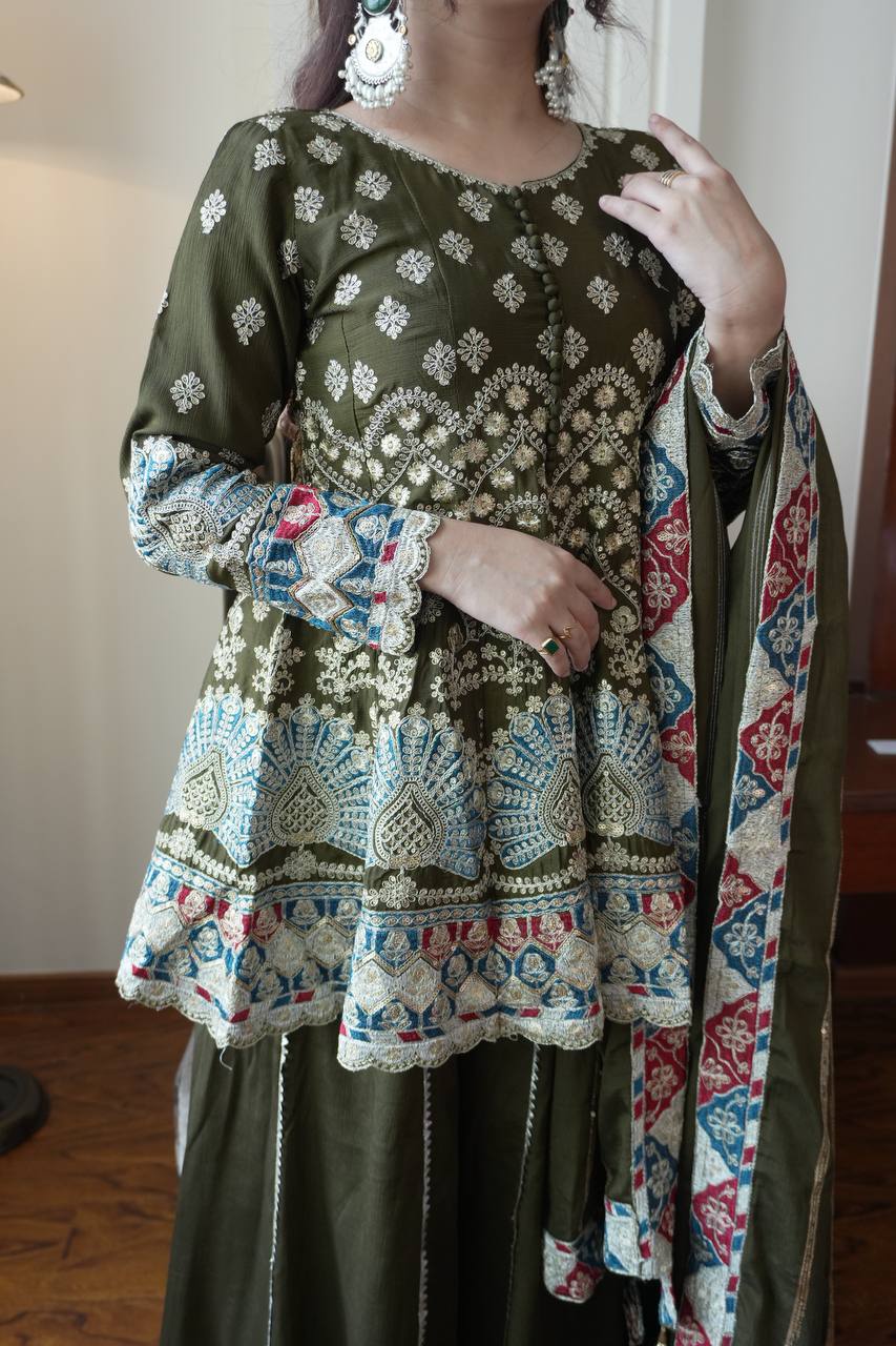 Olive Green Embroidered Sharara set with Scallop Border Dupatta
