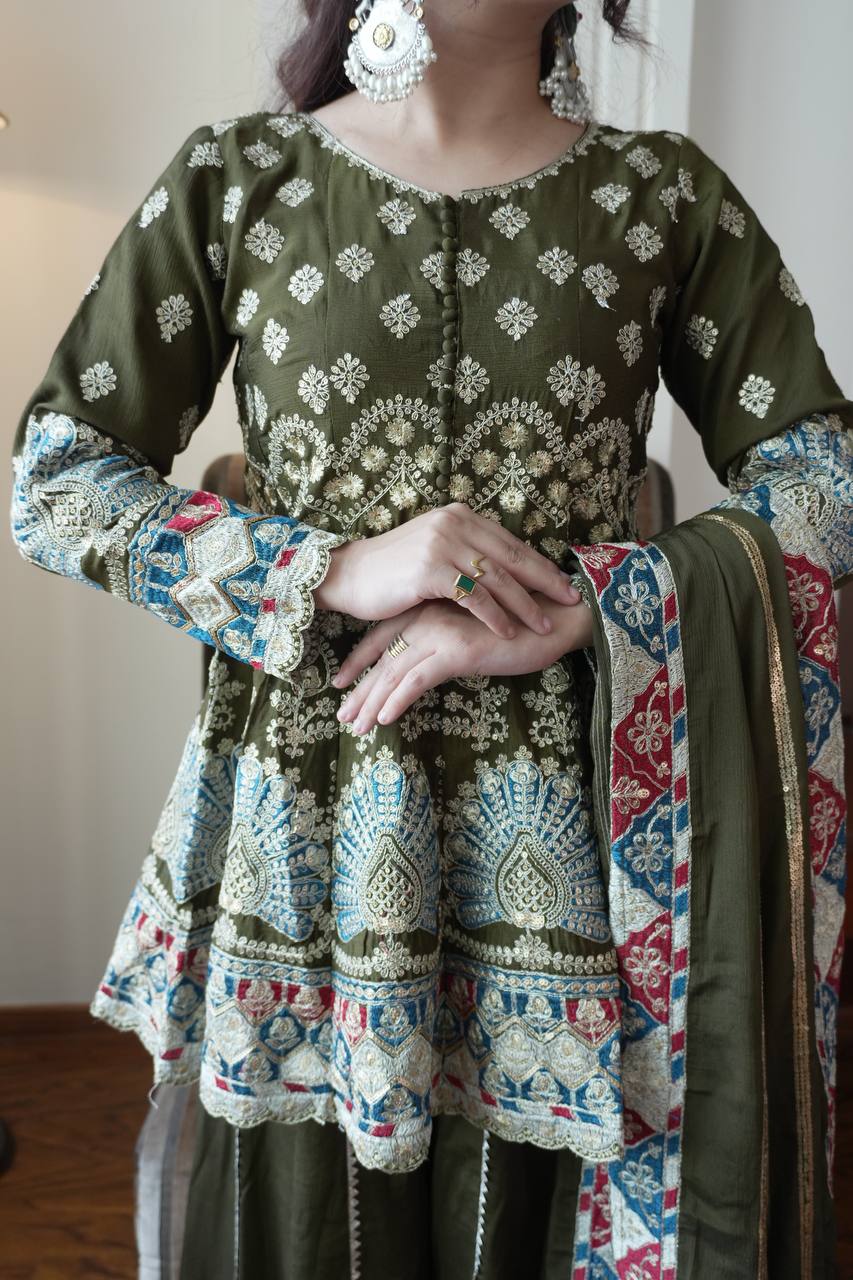 Olive Green Embroidered Sharara set with Scallop Border Dupatta