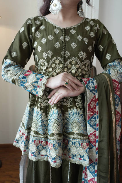 Olive Green Embroidered Sharara set with Scallop Border Dupatta