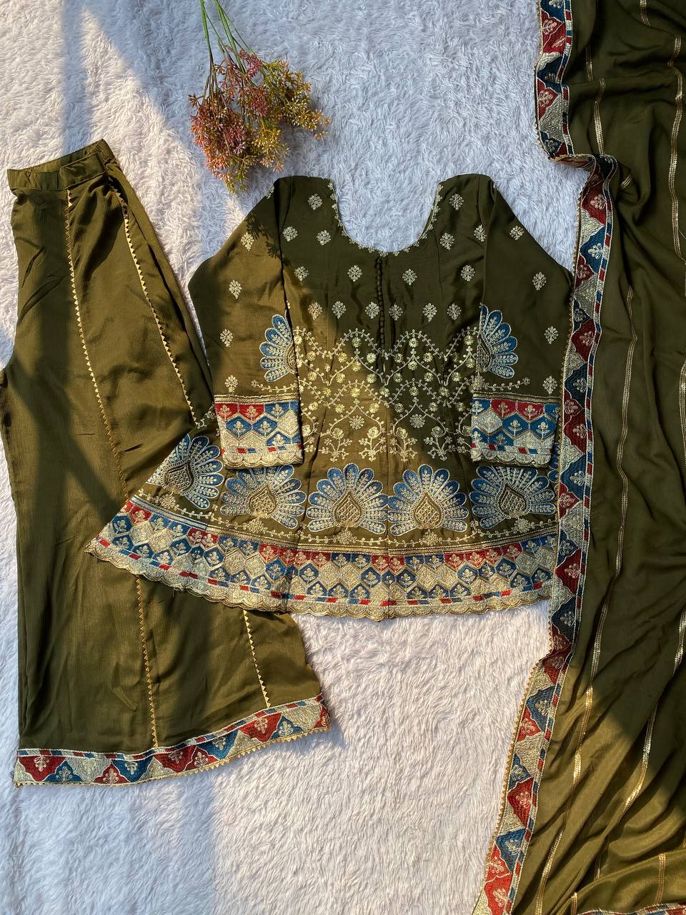 Olive Green Embroidered Sharara set with Scallop Border Dupatta