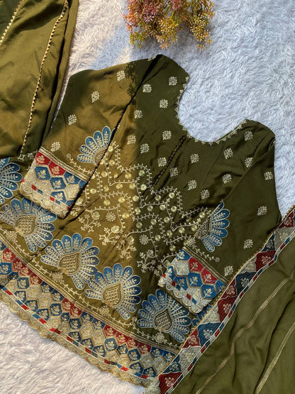 Olive Green Embroidered Sharara set with Scallop Border Dupatta