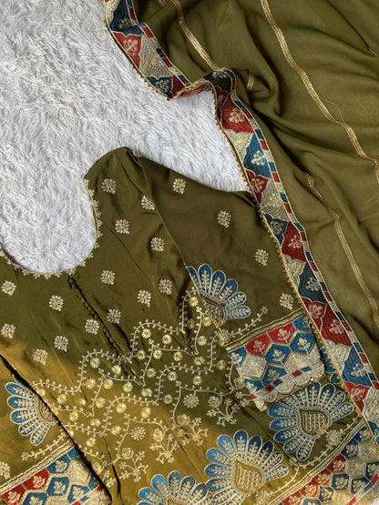 Olive Green Embroidered Sharara set with Scallop Border Dupatta