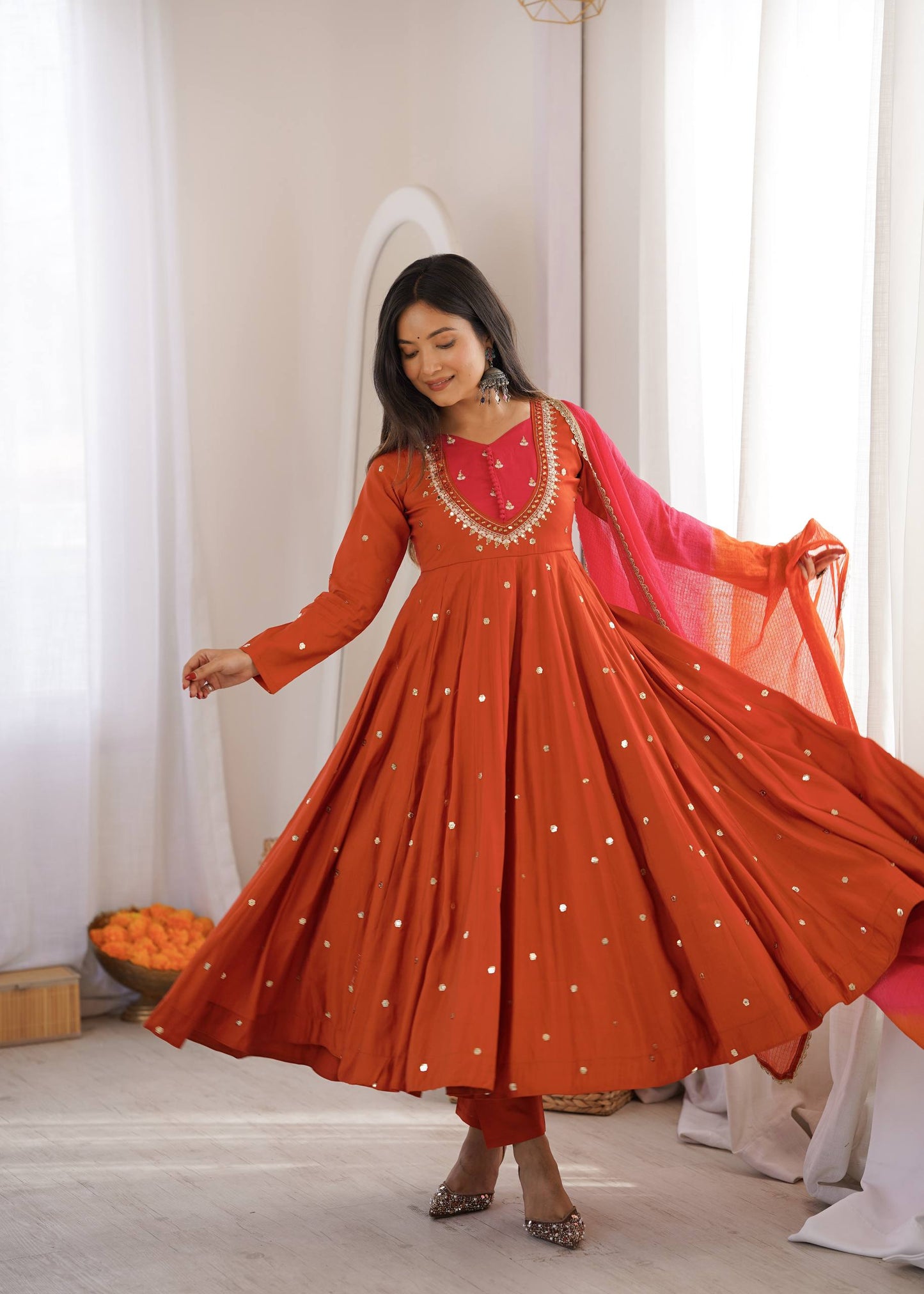 Elegant Rust Orange color Embroidered Sequence With Real Mirror Designer Anarkali Three Piece Set
