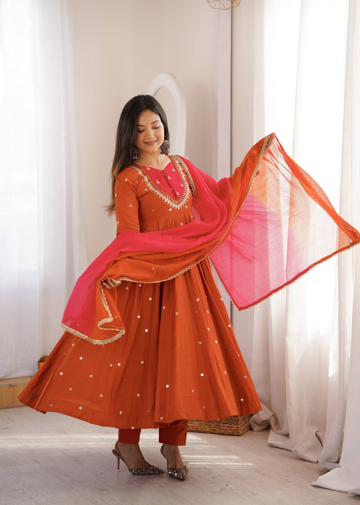 Elegant Rust Orange color Embroidered Sequence With Real Mirror Designer Anarkali Three Piece Set