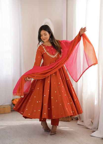 Elegant Rust Orange color Embroidered Sequence With Real Mirror Designer Anarkali Three Piece Set