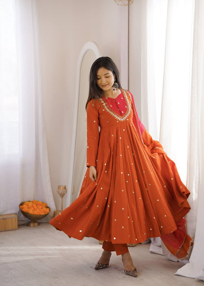 Elegant Rust Orange color Embroidered Sequence With Real Mirror Designer Anarkali Three Piece Set