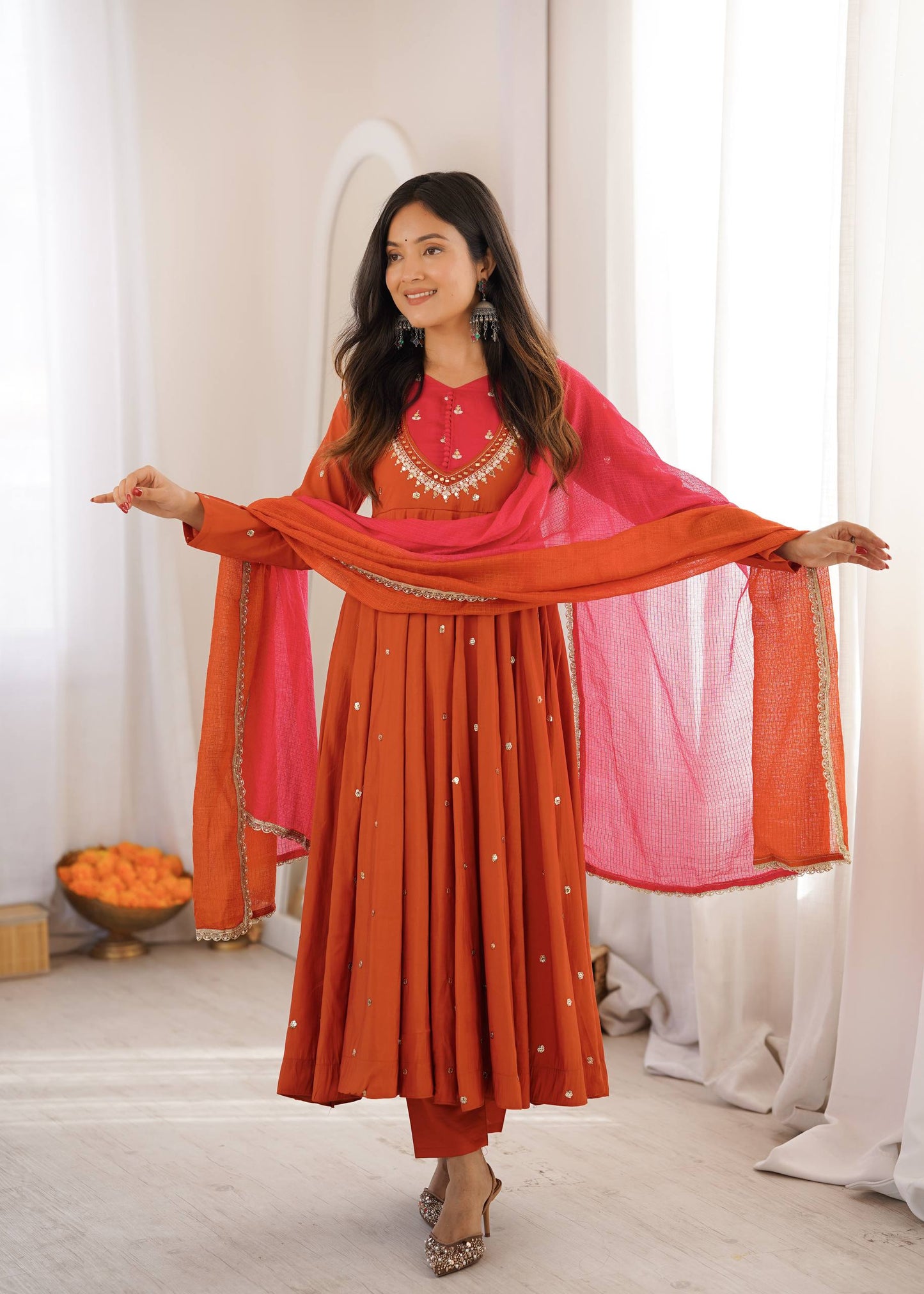 Elegant Rust Orange color Embroidered Sequence With Real Mirror Designer Anarkali Three Piece Set