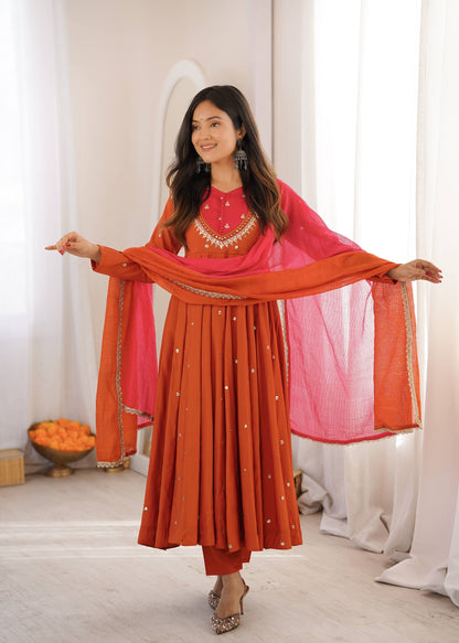 Elegant Rust Orange color Embroidered Sequence With Real Mirror Designer Anarkali Three Piece Set
