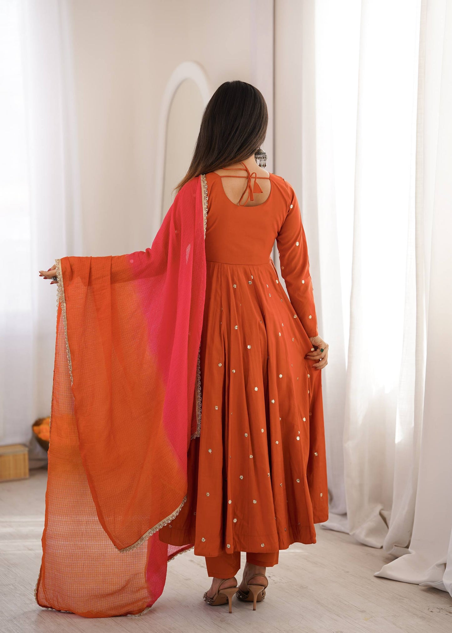 Elegant Rust Orange color Embroidered Sequence With Real Mirror Designer Anarkali Three Piece Set