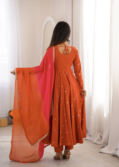 Elegant Rust Orange color Embroidered Sequence With Real Mirror Designer Anarkali Three Piece Set