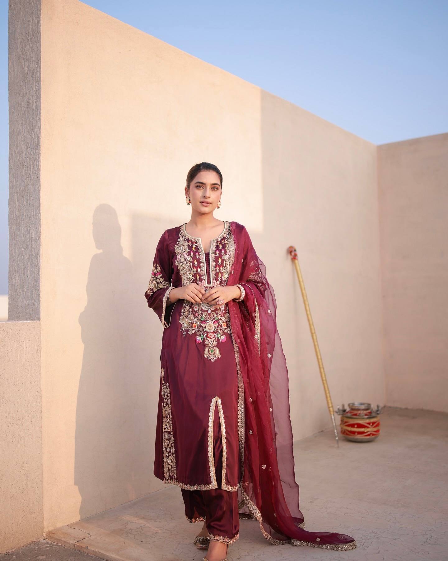 Dsigner Party Wear &amp; Festival Look Pur Natural Satin Silk Fancy Top &amp; Palazzo With Dupatta set