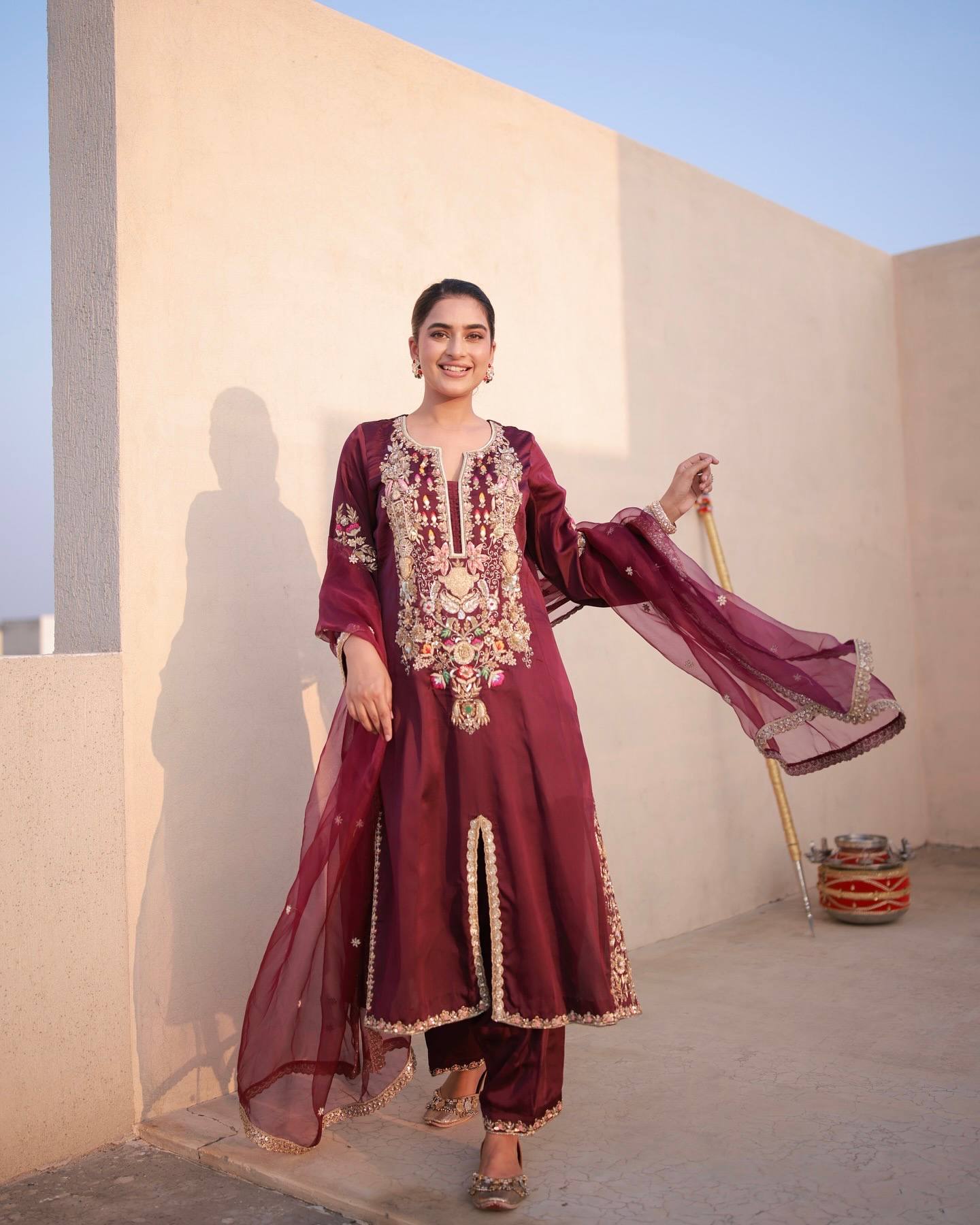 Dsigner Party Wear &amp; Festival Look Pur Natural Satin Silk Fancy Top &amp; Palazzo With Dupatta set