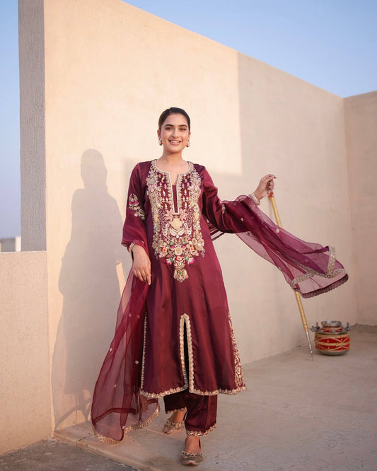 Dsigner Party Wear &amp; Festival Look Pur Natural Satin Silk Fancy Top &amp; Palazzo With Dupatta set