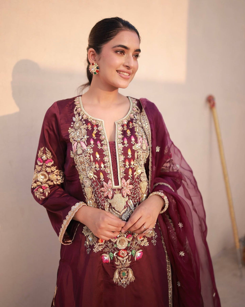 Dsigner Party Wear &amp; Festival Look Pur Natural Satin Silk Fancy Top &amp; Palazzo With Dupatta set