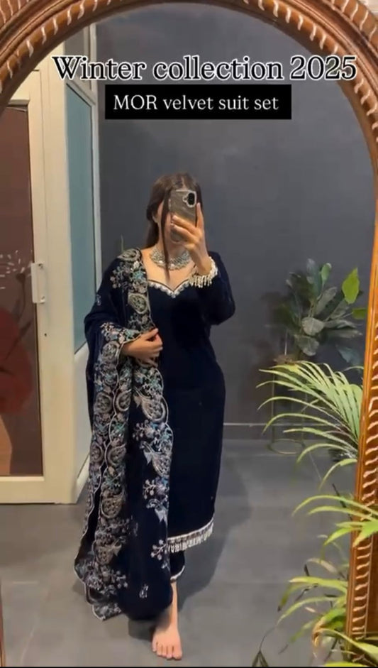 NAVY BLUE VELVET KURTI-PANT SET