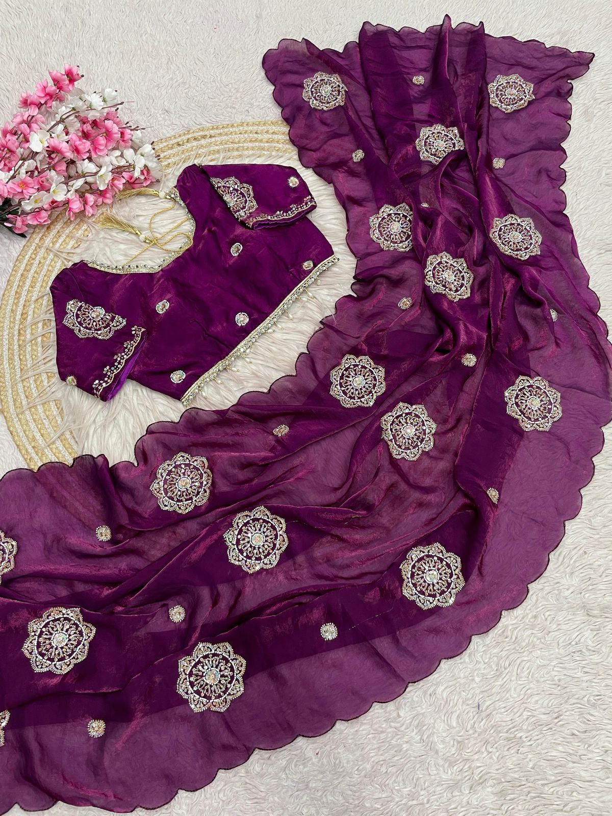 Fandy sattin Saree with Readymade Blouse