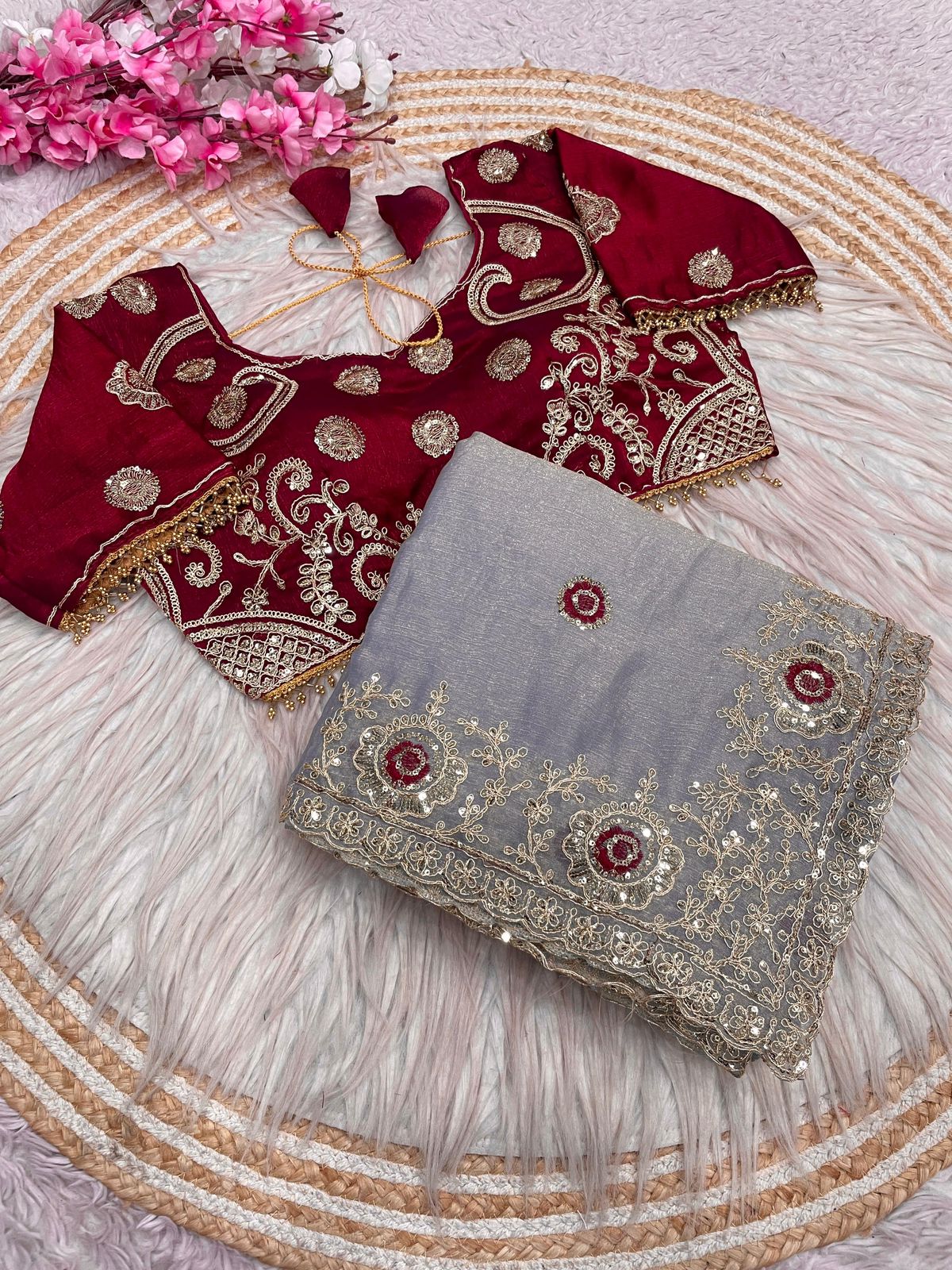 Fendy Chiffon two ton embroidery work Saree with Readymade Blouse