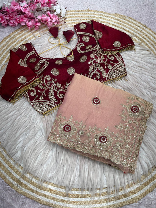 Fendy Chiffon two ton embroidery work Saree with Readymade Blouse