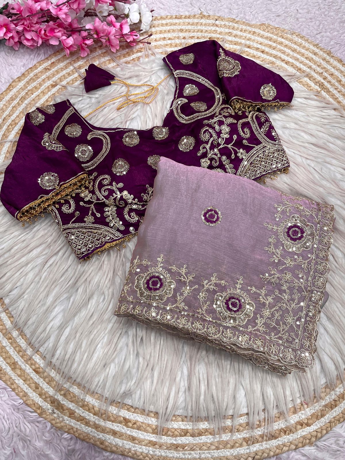 Fendy Chiffon two ton embroidery work Saree with Readymade Blouse