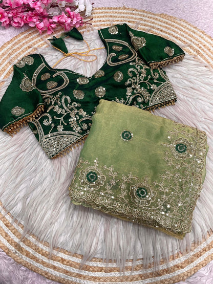 Fendy Chiffon two ton embroidery work Saree with Readymade Blouse