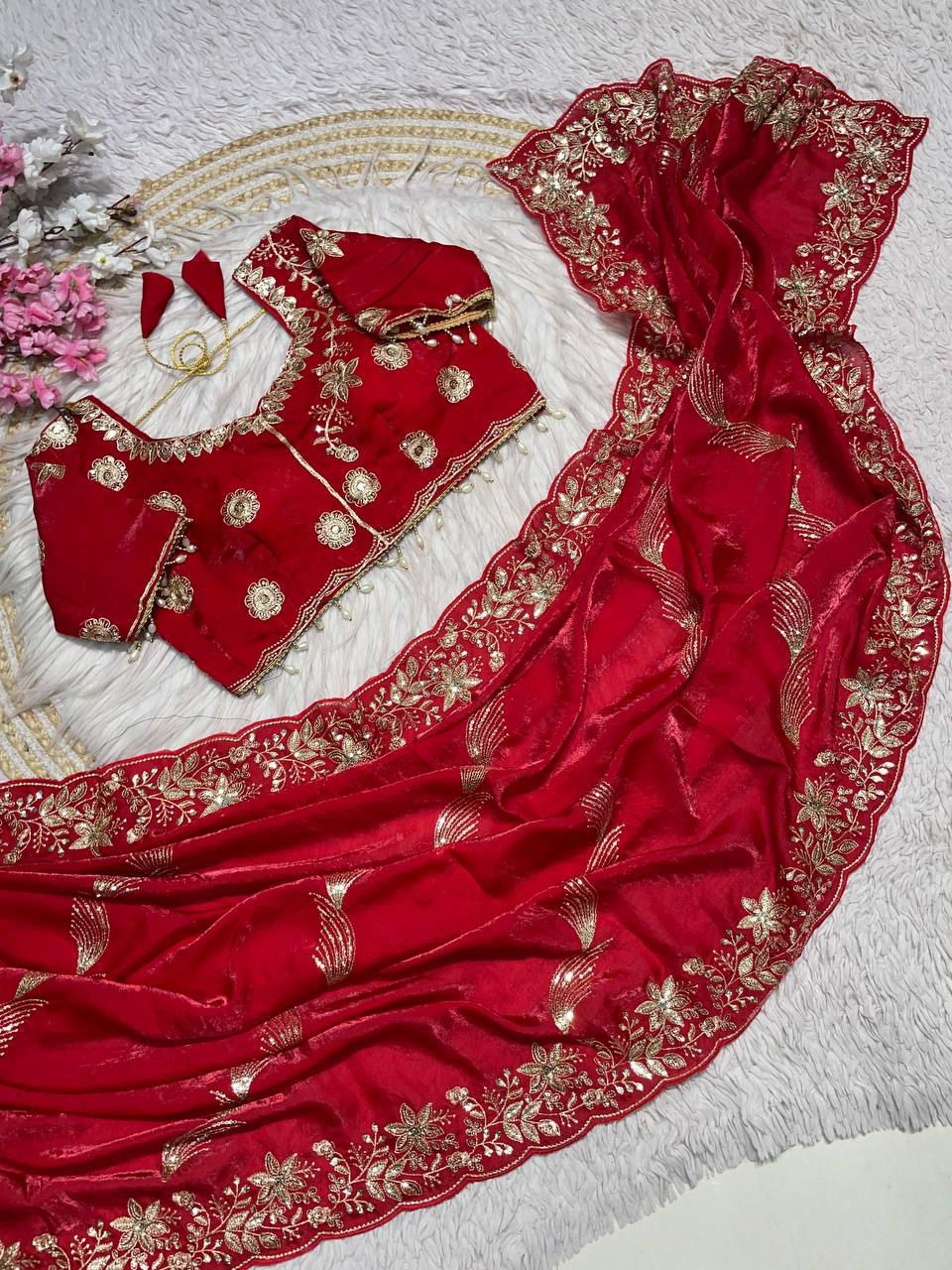 Fendy Sattin Embroidery work with Sequence Butti Saree With Readymade Blouse