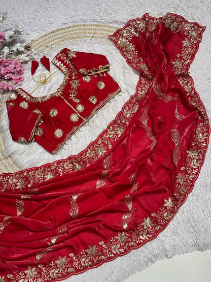 Fendy Sattin Embroidery work with Sequence Butti Saree With Readymade Blouse