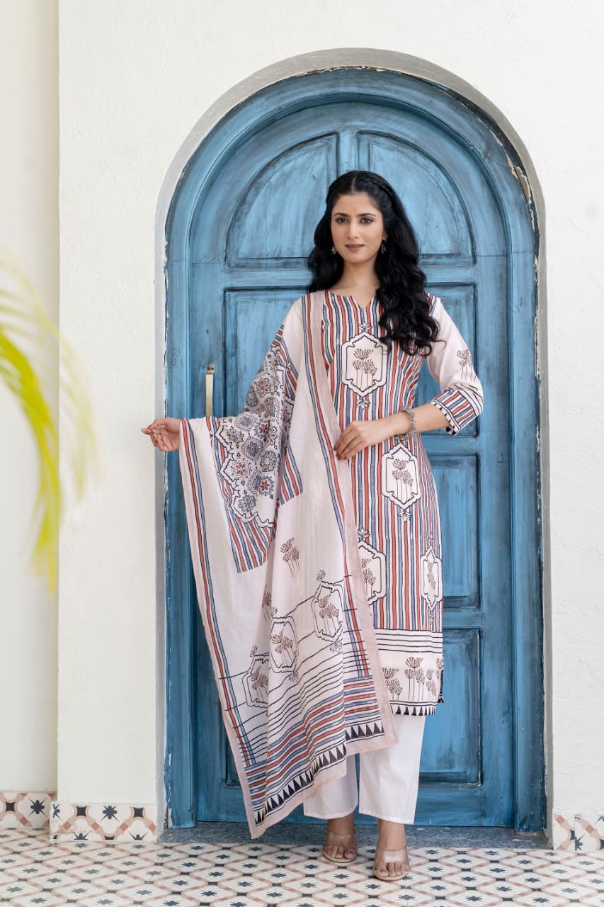 Jaipuri Printed Cotton Kurti Pant with Dupatta
