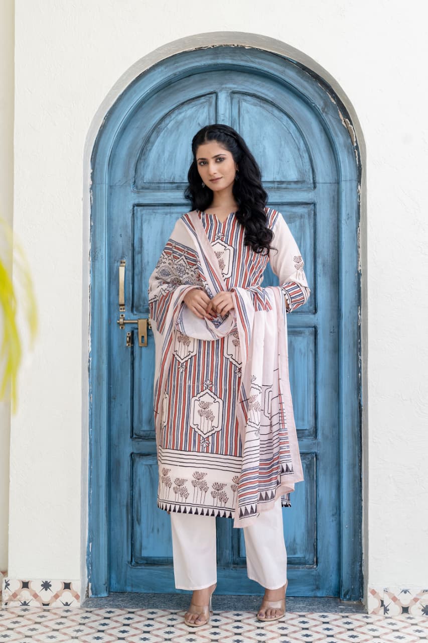 Jaipuri Printed Cotton Kurti Pant with Dupatta
